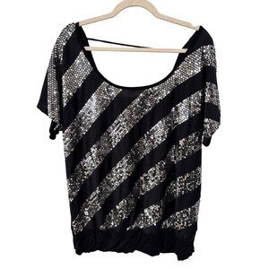 Le Cielo Stripe Sequin Short Sleeve Top Womens 2XL Scoop Neck Black Silver